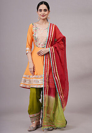 Embroidered Chanderi Silk Aline Suit in Orange