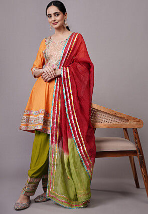 Embroidered Chanderi Silk Aline Suit in Orange