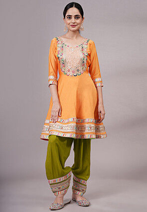 Embroidered Chanderi Silk Aline Suit in Orange