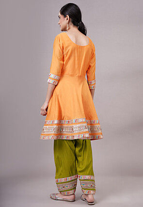 Embroidered Chanderi Silk Aline Suit in Orange