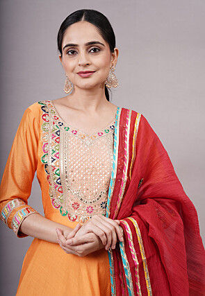 Embroidered Chanderi Silk Aline Suit in Orange