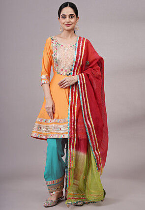 Embroidered Chanderi Silk Aline Suit in Orange