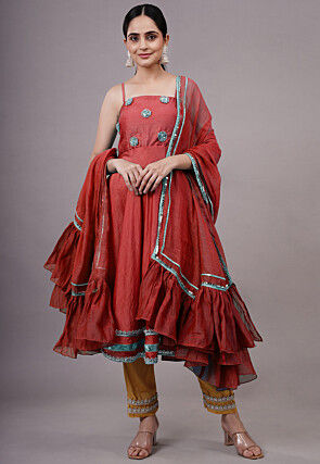 Embroidered Chanderi Silk Aline Suit in Red