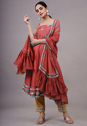 Embroidered Chanderi Silk Aline Suit in Red