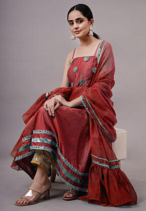 Embroidered Chanderi Silk Aline Suit in Red