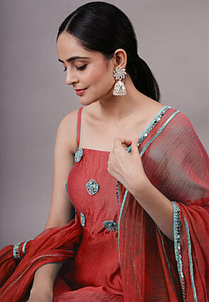 Embroidered Chanderi Silk Aline Suit in Red
