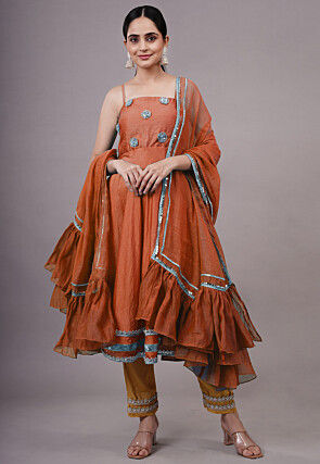 Embroidered Chanderi Silk Aline Suit in Rust