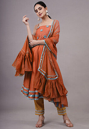 Embroidered Chanderi Silk Aline Suit in Rust