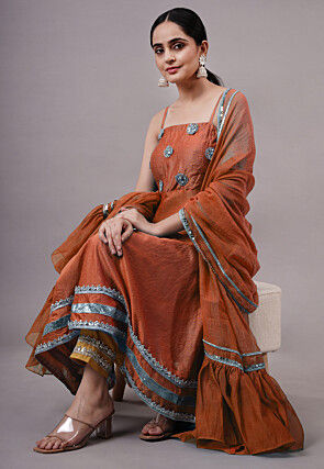 Embroidered Chanderi Silk Aline Suit in Rust