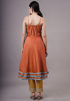 Embroidered Chanderi Silk Aline Suit in Rust