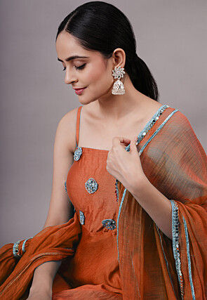 Embroidered Chanderi Silk Aline Suit in Rust