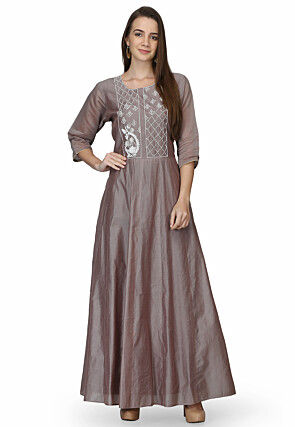 Embroidered Chanderi Silk Anarkali Kurta in Fawn