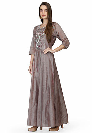Embroidered Chanderi Silk Anarkali Kurta in Fawn
