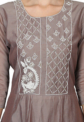 Embroidered Chanderi Silk Anarkali Kurta in Fawn