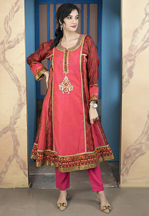 Embroidered Chanderi Silk Anarkali Kurta in Red