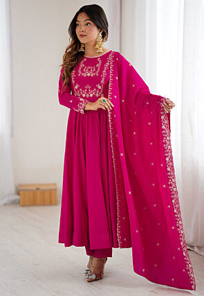 Embroidered Chanderi Silk Anarkali Suit in Magenta