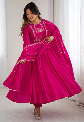 Embroidered Chanderi Silk Anarkali Suit in Magenta