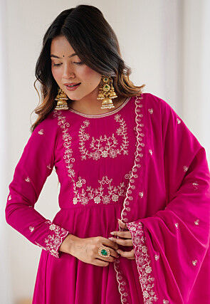 Embroidered Chanderi Silk Anarkali Suit in Magenta