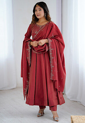 Embroidered Chanderi Silk Anarkali Suit in Maroon