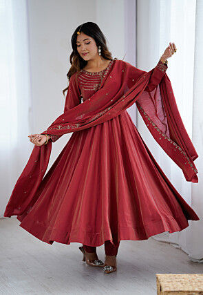 Embroidered Chanderi Silk Anarkali Suit in Maroon