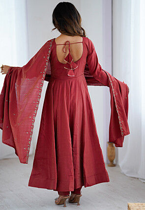 Embroidered Chanderi Silk Anarkali Suit in Maroon