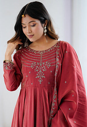 Embroidered Chanderi Silk Anarkali Suit in Maroon
