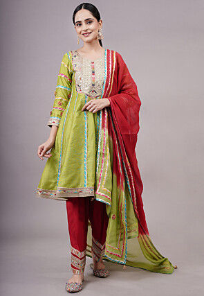 Embroidered Chanderi Silk Anarkali Suit in Olive green