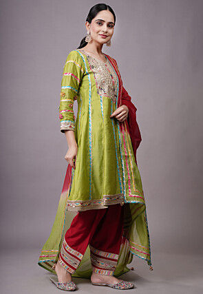 Embroidered Chanderi Silk Anarkali Suit in Olive green