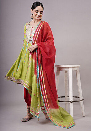 Embroidered Chanderi Silk Anarkali Suit in Olive green