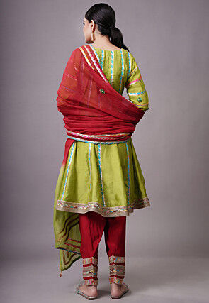 Embroidered Chanderi Silk Anarkali Suit in Olive green