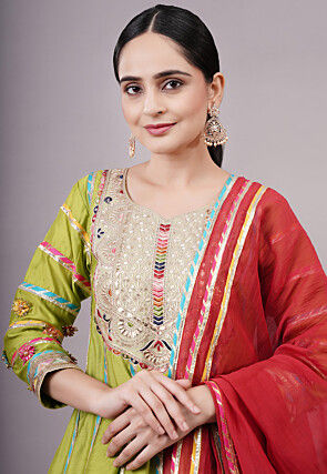 Embroidered Chanderi Silk Anarkali Suit in Olive green