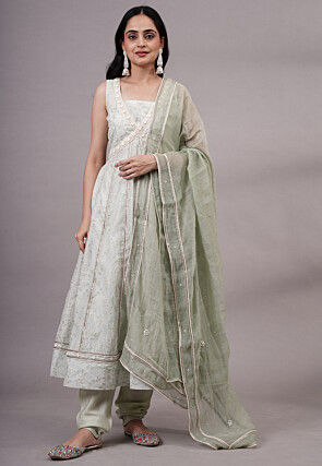 Embroidered Chanderi Silk Anarkali Suit in Pastel Green