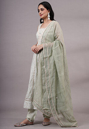 Embroidered Chanderi Silk Anarkali Suit in Pastel Green