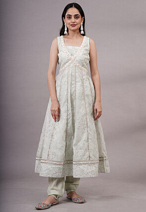 Embroidered Chanderi Silk Anarkali Suit in Pastel Green