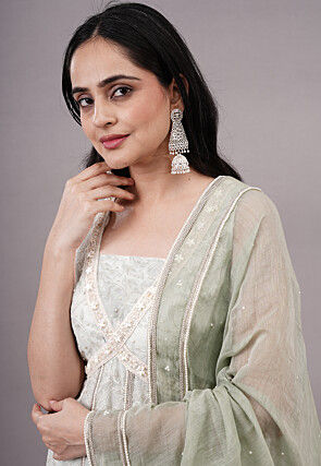 Embroidered Chanderi Silk Anarkali Suit in Pastel Green