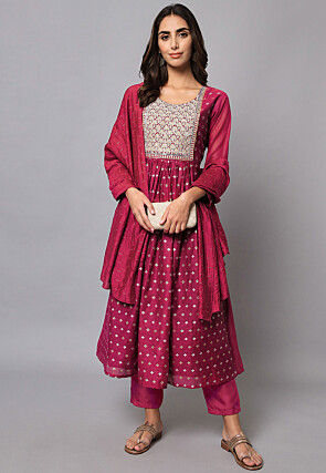Embroidered Chanderi Silk Anarkali Suit in Pink