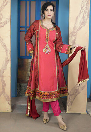 Embroidered Chanderi Silk Anarkali Suit in Red