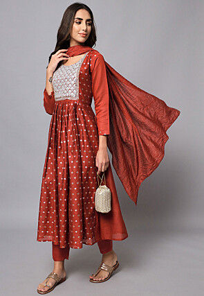 Embroidered Chanderi Silk Anarkali Suit in Rust