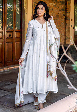 Embroidered Chanderi Silk Anarkali Suit in White