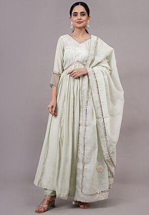 Embroidered Chanderi Silk and Art Uppada Silk Aline Suit in Sea Green