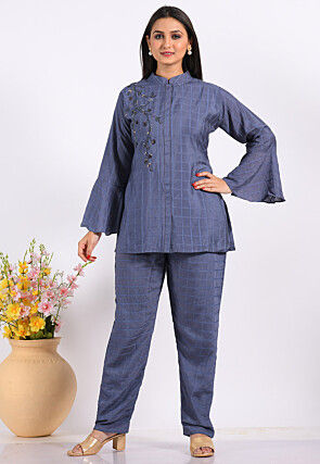 Hand Embroidered Chanderi Silk Co ord Set in Dusty Blue