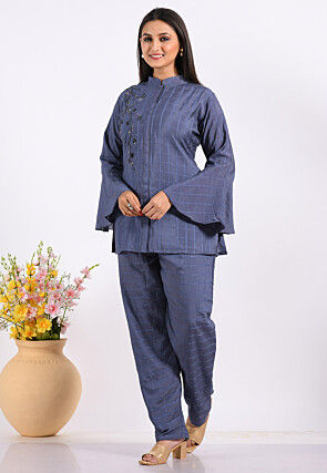 Hand Embroidered Chanderi Silk Co ord Set in Dusty Blue