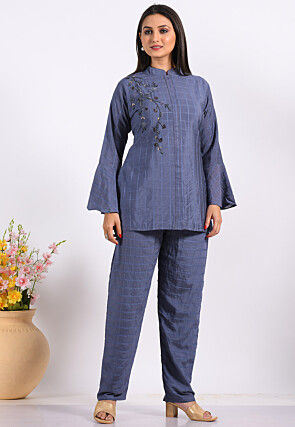 Hand Embroidered Chanderi Silk Co ord Set in Dusty Blue