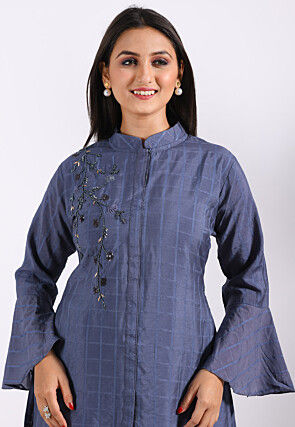 Hand Embroidered Chanderi Silk Co ord Set in Dusty Blue