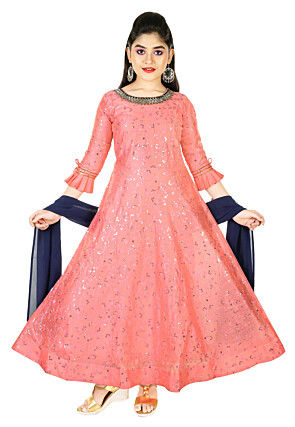 Embroidered Chanderi Silk Gown in Peach