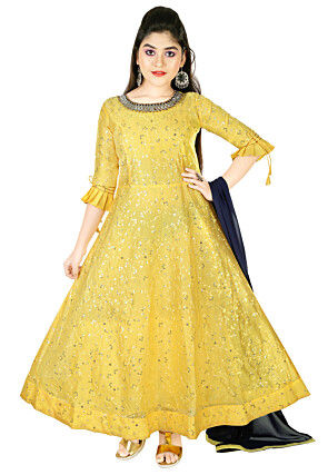 Embroidered Chanderi Silk Gown in Yellow