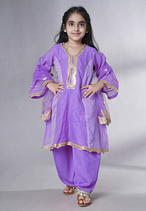 Embroidered Chanderi Silk Punjabi Suit in Light Purple
