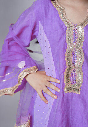 Embroidered Chanderi Silk Punjabi Suit in Light Purple