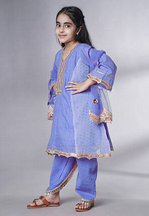Embroidered Chanderi Silk Punjabi Suit in Light Purple