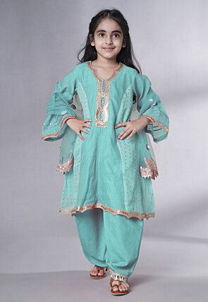 Embroidered Chanderi Silk Punjabi Suit in Sky Blue